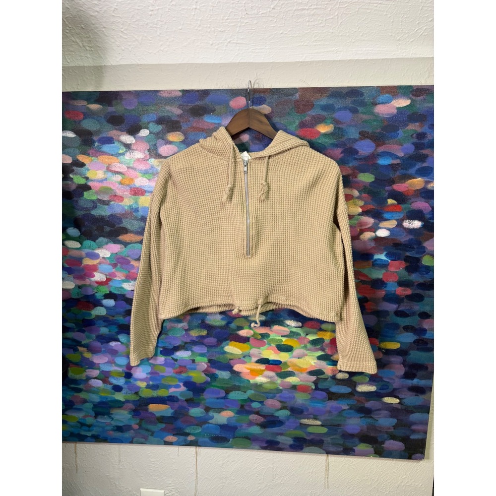 MODA INTL Waffle Knit Quarter Zip Cropped Hoodie Beige Drawstring Womens